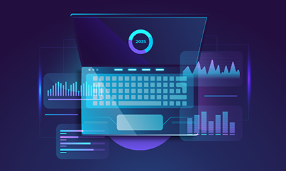 AI-Powered Insights and Business Intelligence Solutions laptop graphic with raised graphs
