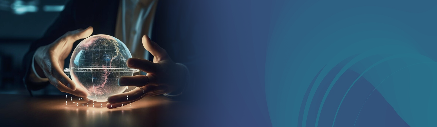 Strategic & Scalable IT Consulting  two human hands around a glass globe