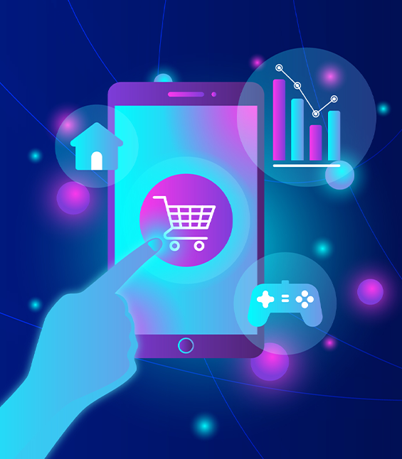  Retail IT & Customer Experience Solutions  raphic of hand pusing shopping cart icon on smartphone